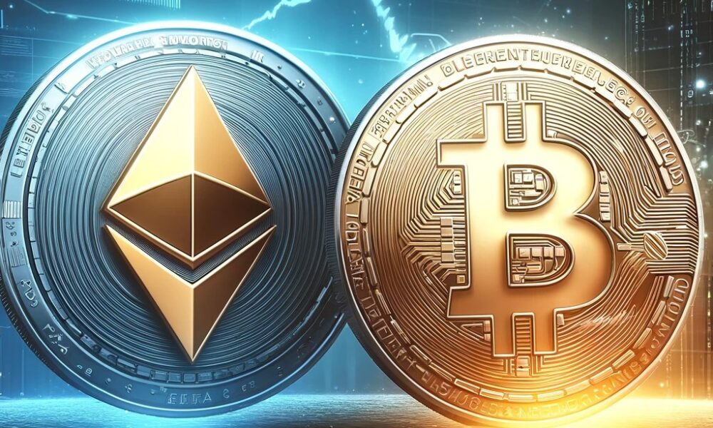 Dall·e 2024 05 27 16.43.51 A Digital Illustration Representing The Competition Between Ethereum And Bitcoin. The Image Features Two Large Shining Coins Representing Each Crypto.webp.jpeg