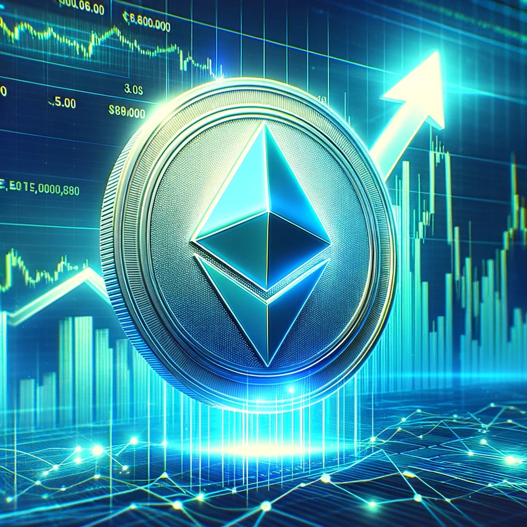 Dall·e 2024 05 27 18.37.33 A Digital Illustration Showing Ethereums Price Surge. The Image Features A Large Glowing Ethereum Coin In The Foreground Rising Against A Backdrop .jpg