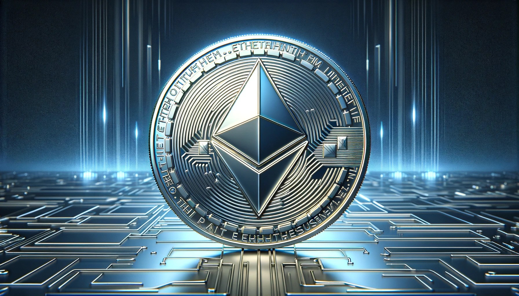 Dall·e 2024 05 28 09.53.50 A Detailed Image Of A Shiny Ethereum Eth Coin Prominently Displayed. The Coin Should Be Highly Realistic With Intricate Engravings And The Iconic Et.jpeg