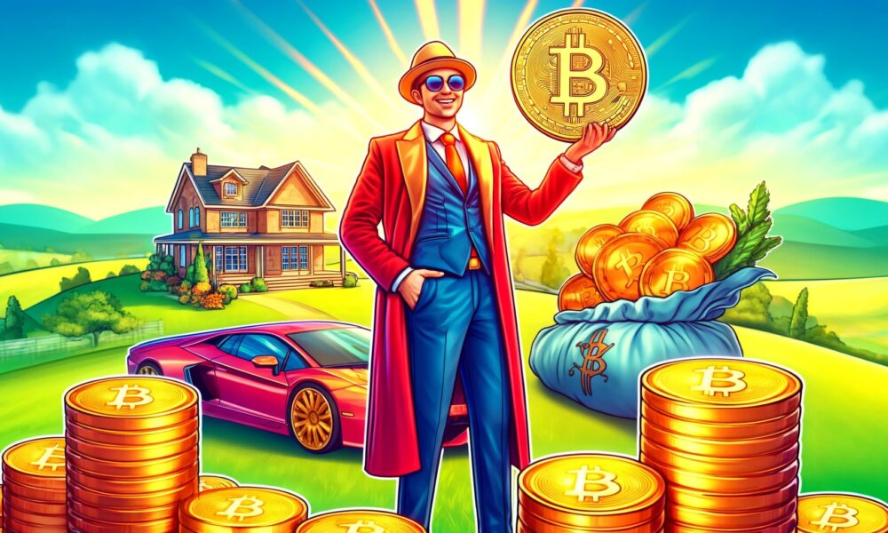 Dall·e 2024 05 31 15.39.58 A Vibrant Landscape Image Showing A Bitcoin Millionaire. The Scene Features A Person Dressed In Luxurious Attire Surrounded By Symbols Of Wealth Like 2.webp.jpeg