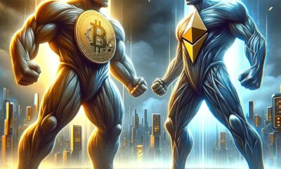 Dall·e 2024 06 06 17.34.10 A Digital Illustration For A Cryptocurrency News Article. The Image Features A Dramatic Confrontation Between Two Giants Represented As Bitcoin And Et.webp.jpeg