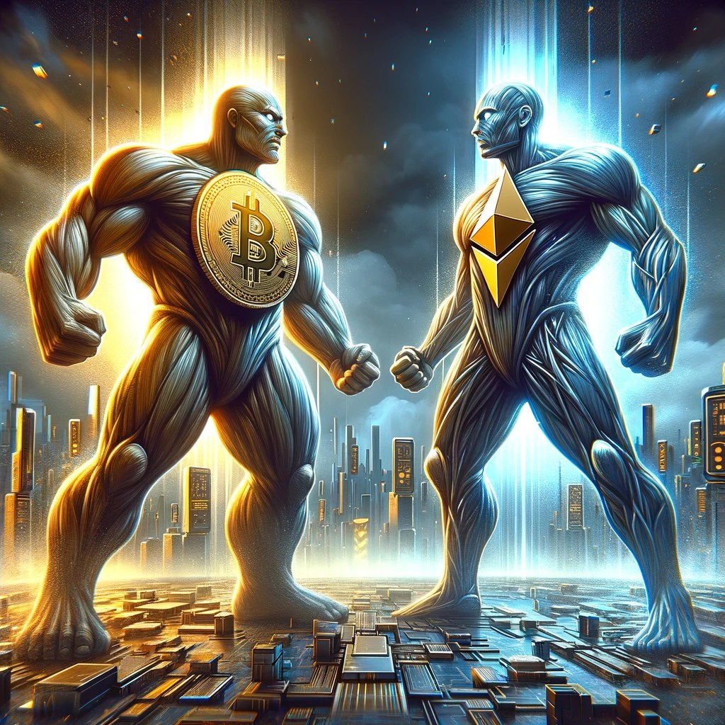 Dall·e 2024 06 06 17.34.10 A Digital Illustration For A Cryptocurrency News Article. The Image Features A Dramatic Confrontation Between Two Giants Represented As Bitcoin And Et.webp.jpeg