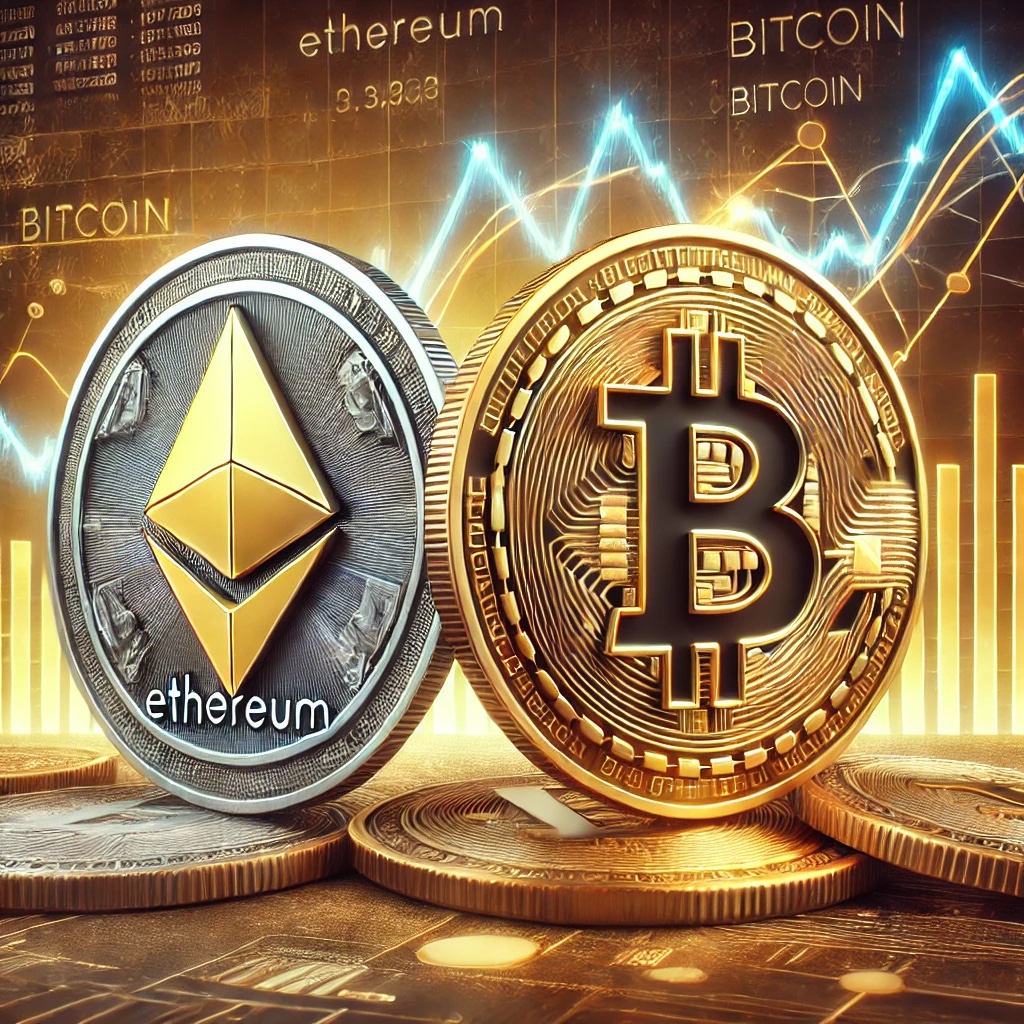 Dall·e 2024 07 30 17.47.26 A Digital Illustration Comparing Ethereum And Bitcoin. The Image Shows Two Coins One With The Ethereum Logo And The Other With The Bitcoin Logo Set .jpg