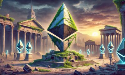 Dall·e 2024 08 27 10.25.42 A Conceptual Art Depicting The Decline Of Ethereum In A Symbolic Way. The Scene Shows A Large Weathered Statue Of The Ethereum Logo Crumbling And Pa.webp.jpeg