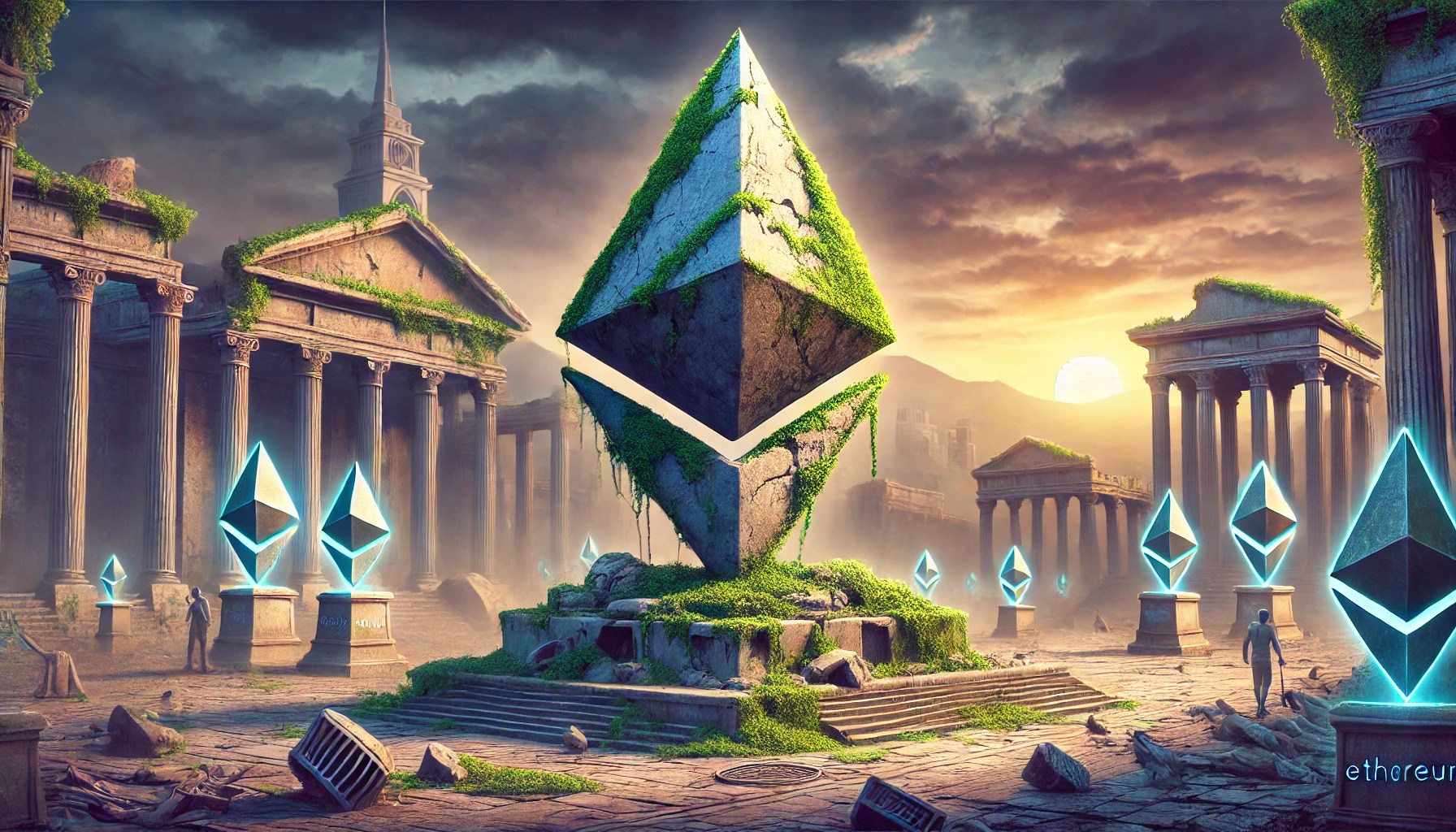 Dall·e 2024 08 27 10.25.42 A Conceptual Art Depicting The Decline Of Ethereum In A Symbolic Way. The Scene Shows A Large Weathered Statue Of The Ethereum Logo Crumbling And Pa.webp.jpeg