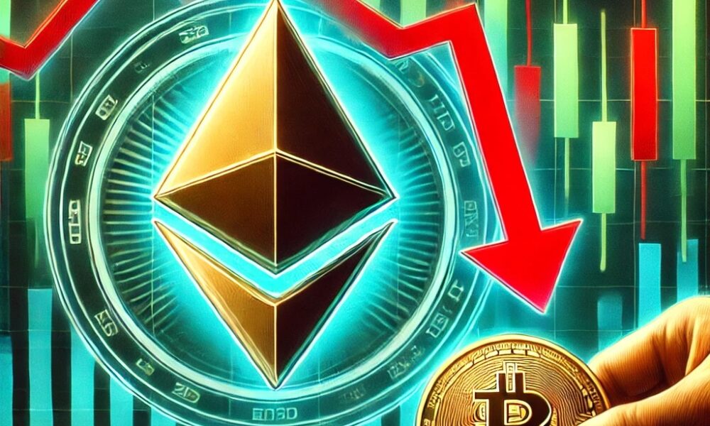 Dall·e 2024 08 28 17.59.51 A Digital Illustration Depicting Ethereums Fall Below 2500 With Analysts Eyeing Potential Rebound Levels. The Image Features The Ethereum Symbol W.jpg