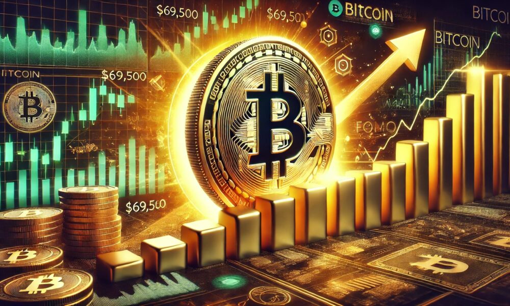 Dall·e 2024 09 14 22.51.58 A Dynamic Financial Themed Image Depicting A Potential Bitcoin Rally Once It Surpasses 69500. The Focus Is A Glowing Bitcoin Coin Pushing Past A 69.webp.jpeg