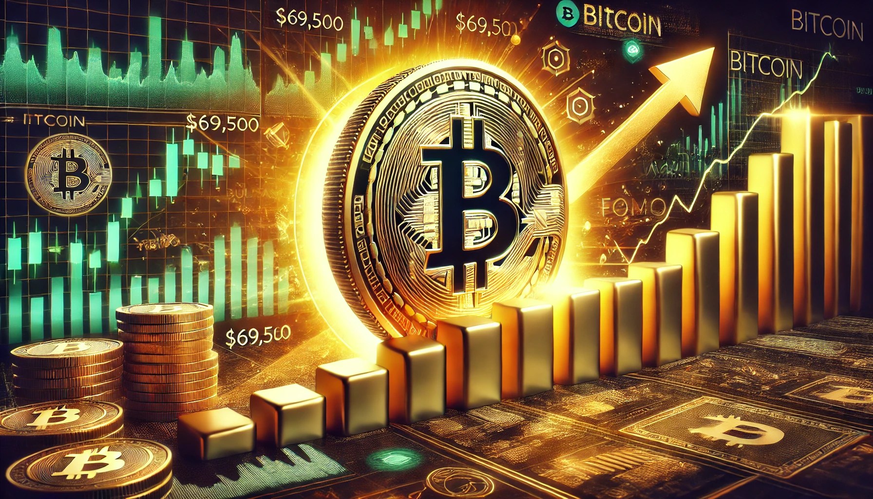 Dall·e 2024 09 14 22.51.58 A Dynamic Financial Themed Image Depicting A Potential Bitcoin Rally Once It Surpasses 69500. The Focus Is A Glowing Bitcoin Coin Pushing Past A 69.webp.jpeg