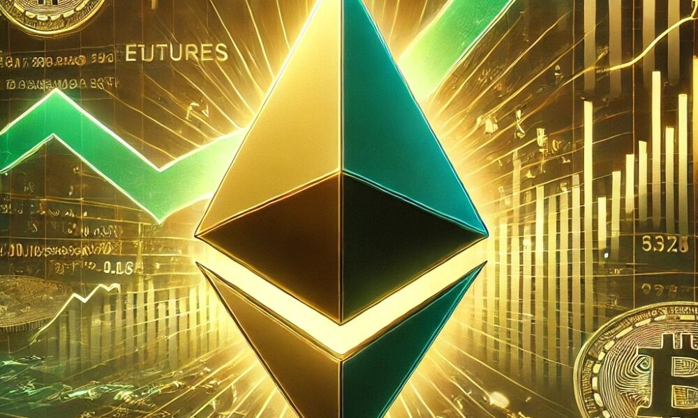 Dall·e 2024 09 25 17.20.48 A Digital Illustration Highlighting Ethereums Futures Market Signaling A Potential Breakout. The Image Features The Ethereum Symbol With Upward Arrow.jpg