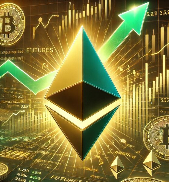 Dall·e 2024 09 25 17.20.48 A Digital Illustration Highlighting Ethereums Futures Market Signaling A Potential Breakout. The Image Features The Ethereum Symbol With Upward Arrow.jpg