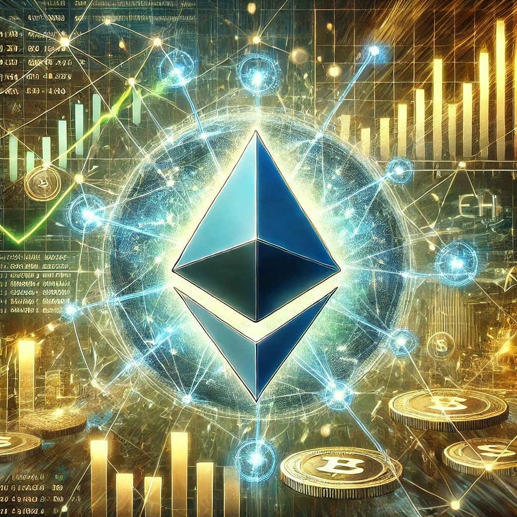 Dall·e 2024 09 30 17.25.51 A Digital Illustration Depicting Ethereum Facing A Network Shakeup With Key Trends Pointing To Market Shifts. The Image Features The Ethereum Symbol .jpg