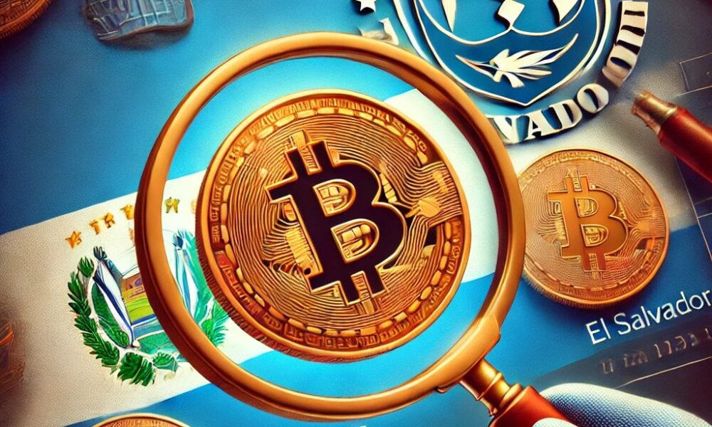 Dall·e 2024 10 04 16.20.50 A Digital Illustration Depicting El Salvadors Bitcoin Policy Under Scrutiny By The Imf. The Image Features Symbols Representing Bitcoin And The El Sa.webp.jpeg