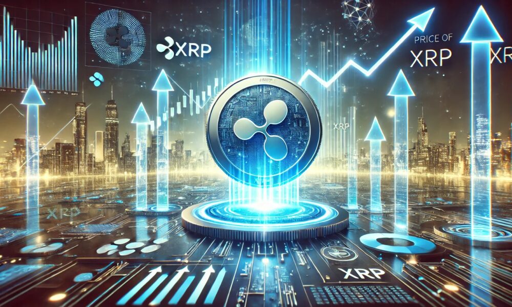 Dall·e 2024 10 14 11.49.49 A Futuristic Landscape Image Showing The Price Of Ripple Xrp Coin On The Rise. The Xrp Coin Is At The Center Glowing With A Blue Hue Surrounded By.jpeg