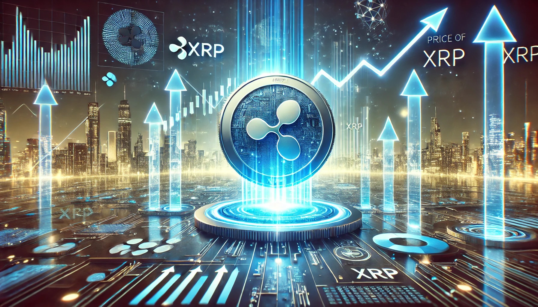 Dall·e 2024 10 14 11.49.49 A Futuristic Landscape Image Showing The Price Of Ripple Xrp Coin On The Rise. The Xrp Coin Is At The Center Glowing With A Blue Hue Surrounded By.jpeg