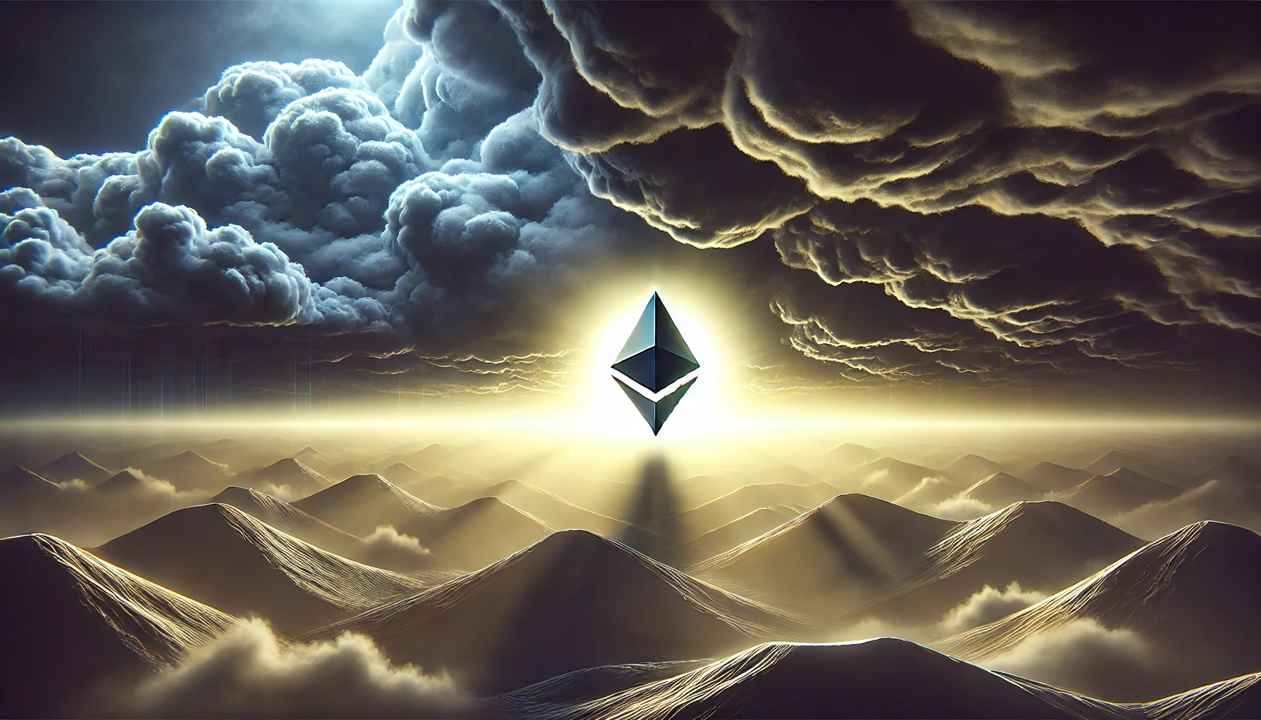 Dall·e 2024 10 21 13.14.08 A Wide Image Depicting The Ethereum Logo At The Center Against A Backdrop Of A Stormy Sky With Dark Heavy Clouds. The Ethereum Logo Is Illuminated Fr.webp.jpeg