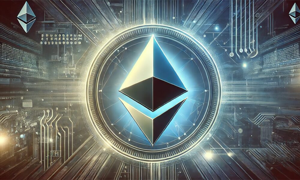 Dall·e 2024 10 28 08.33.48 A Wide Format Image Depicting The Ethereum Eth Logo Prominently In The Center. The Background Is A High Tech Digital Inspired Design With Abstract Pa.webp.jpeg