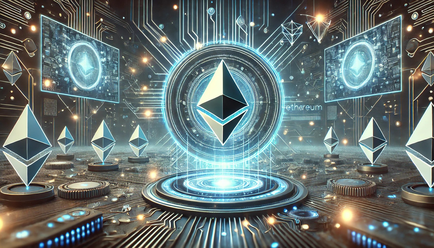 Dall·e 2024 10 29 11.27.35 A Futuristic And Techy Scene Showcasing The Ethereum Logo Prominently In The Center. The Background Features A Dynamic Digital Landscape With Glowing .webp.jpeg