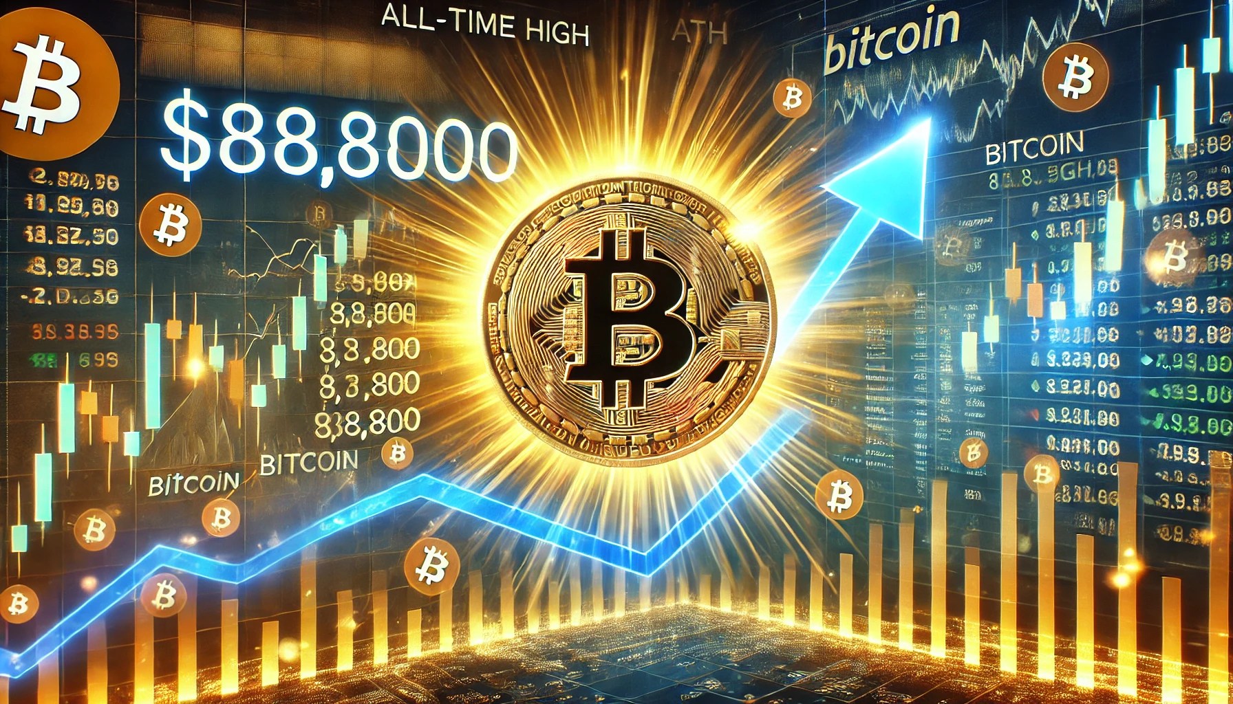 Dall·e 2024 11 09 07.47.26 A Financial Themed Image Showcasing Bitcoins Btc Recent All Time High Ath Breakout With An Analysts Price Target Set At 88800. The Central Fo.webp.jpeg