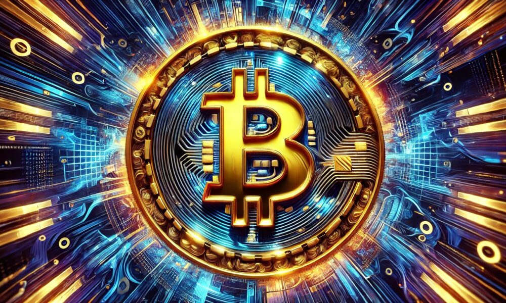 Dall·e 2024 12 09 07.16.32 A Vivid And Striking Wide Format Image Of A Large Golden Bitcoin Symbol Centered Prominently. The Background Is A Dynamic Swirl Of Abstract Digital P.webp.jpeg