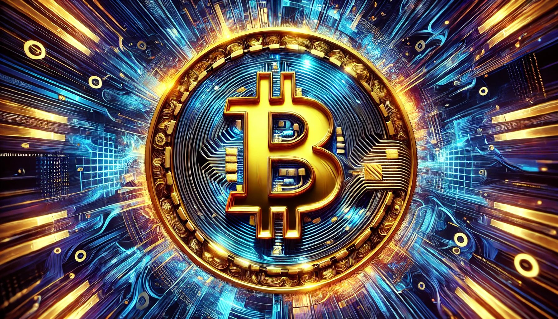 Dall·e 2024 12 09 07.16.32 A Vivid And Striking Wide Format Image Of A Large Golden Bitcoin Symbol Centered Prominently. The Background Is A Dynamic Swirl Of Abstract Digital P.webp.jpeg