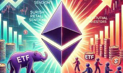 Dall·e 2024 12 10 16.59.52 A Digital Illustration Showcasing Ethereums Logo Prominently Amidst A Dual Themed Backdrop One Side Representing Bearish Retail Sentiment With Beari.jpg