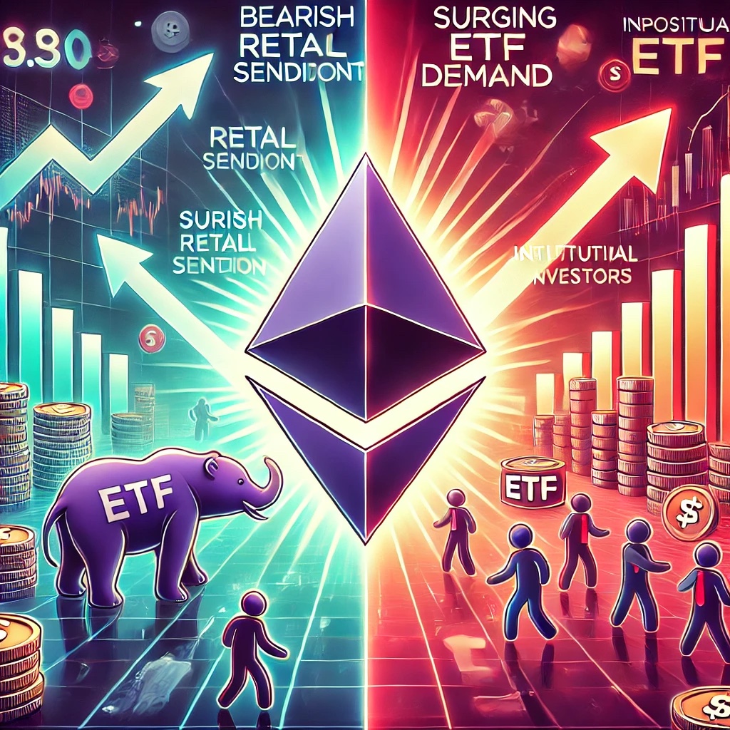 Dall·e 2024 12 10 16.59.52 A Digital Illustration Showcasing Ethereums Logo Prominently Amidst A Dual Themed Backdrop One Side Representing Bearish Retail Sentiment With Beari.jpg