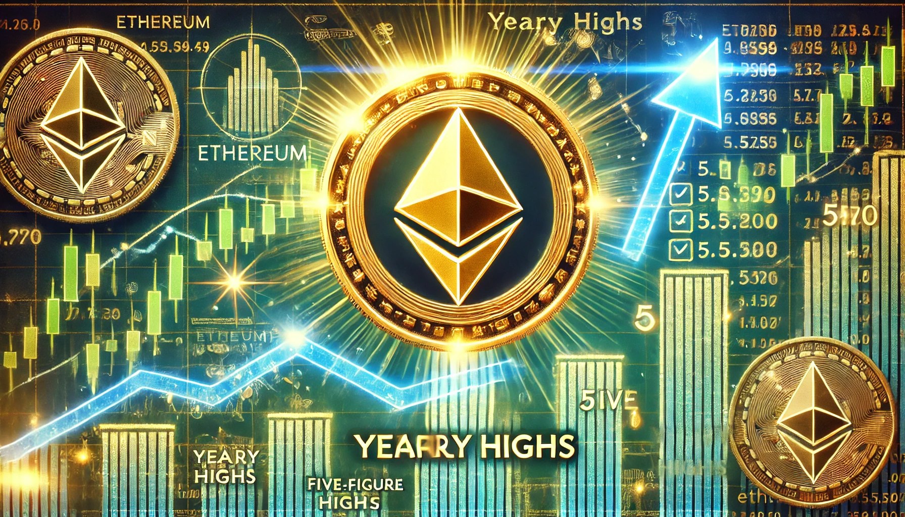 Dall·e 2024 12 13 10.28.37 A Financial Themed Image Showcasing Ethereums Potential To Hit Five Figures After Breaking Its Yearly Highs. The Central Focus Is A Glowing Ethereum .webp.jpeg