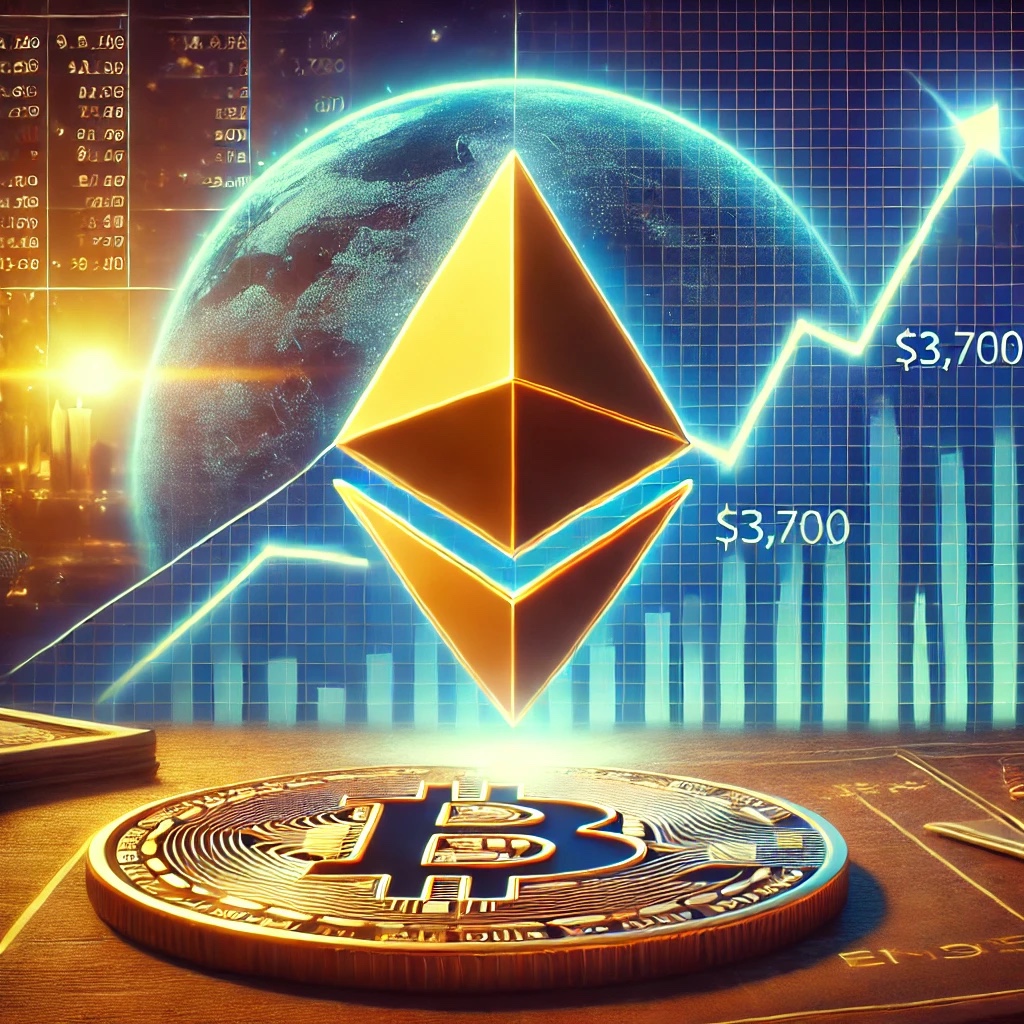 Dall·e 2024 12 16 17.37.06 A Digital Illustration Showing Ethereums Logo Prominently With A Price Chart Background Indicating A Potential Rally. The Chart Shows A Dip Towards .jpg