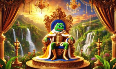 Dall·e 2024 12 25 10.30.54 A Majestic And Royal Themed Landscape Featuring Pepe The Frog Sitting On An Ornate Golden Throne Adorned With Intricate Details. The Throne Is Placed .webp.jpeg