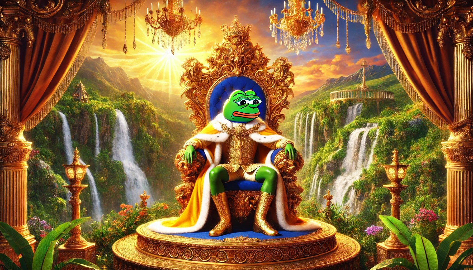 Dall·e 2024 12 25 10.30.54 A Majestic And Royal Themed Landscape Featuring Pepe The Frog Sitting On An Ornate Golden Throne Adorned With Intricate Details. The Throne Is Placed .webp.jpeg