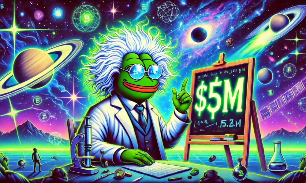 Dall·e 2024 12 25 15.28.38 A Futuristic Illustration In Green Blue And Purple Tones Featuring Pepe The Frog Dressed As Albert Einstein With Wild White Hair A Lab Coat And .webp.jpeg