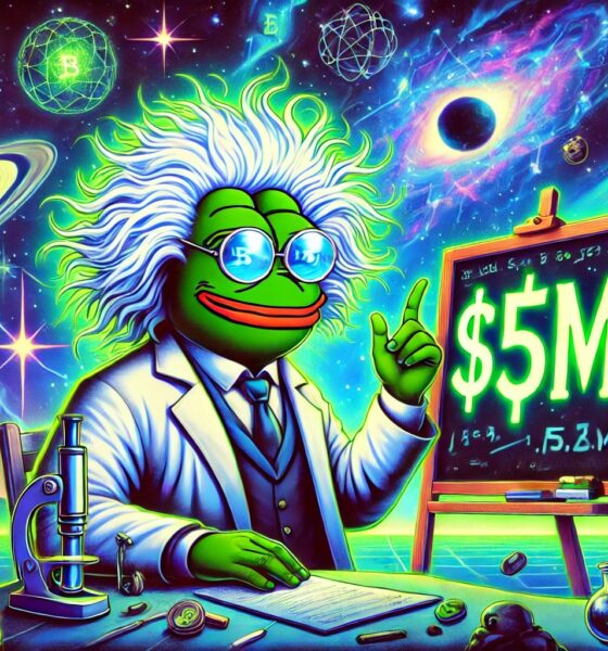 Dall·e 2024 12 25 15.28.38 A Futuristic Illustration In Green Blue And Purple Tones Featuring Pepe The Frog Dressed As Albert Einstein With Wild White Hair A Lab Coat And .webp.jpeg