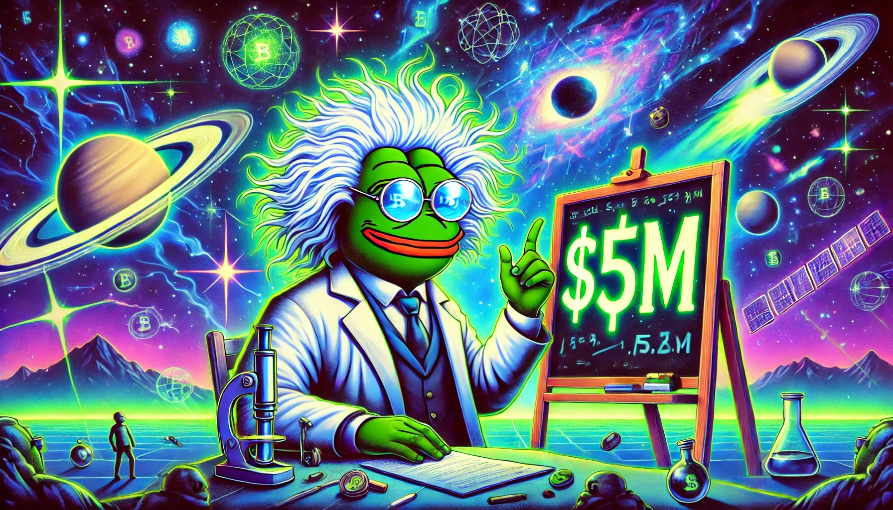 Dall·e 2024 12 25 15.28.38 A Futuristic Illustration In Green Blue And Purple Tones Featuring Pepe The Frog Dressed As Albert Einstein With Wild White Hair A Lab Coat And .webp.jpeg