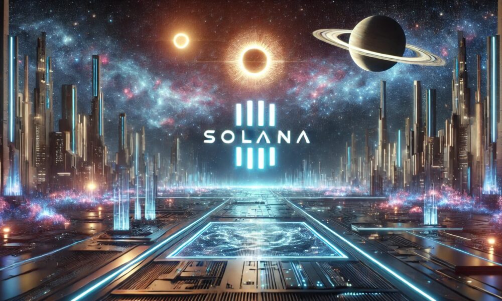 Dall·e 2024 12 27 17.22.12 A Futuristic Space Themed Landscape Featuring The Solana Logo. The Scene Includes A Glowing High Tech Cityscape Under A Starry Sky With Nebulas And P.webp.jpeg