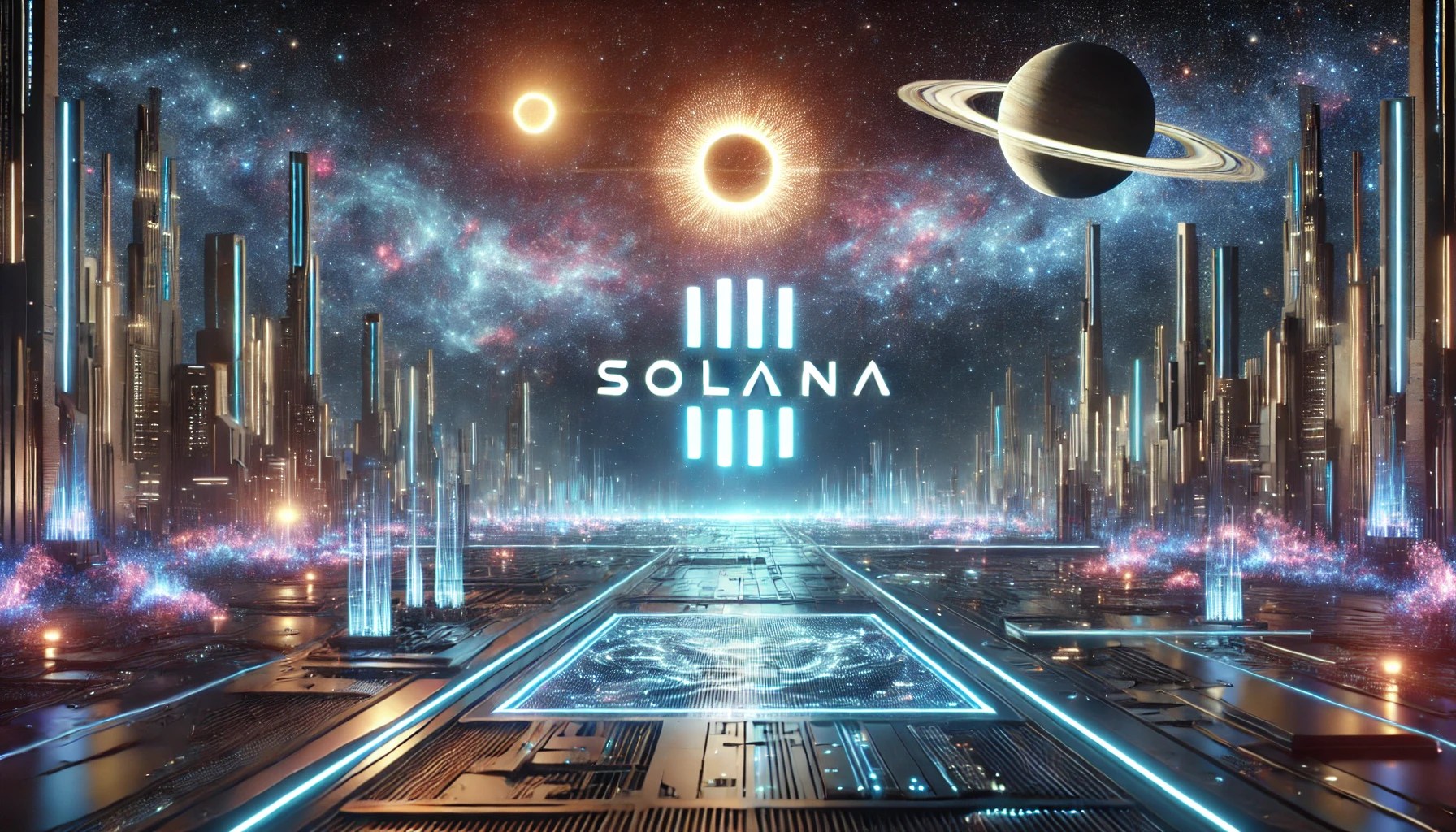 Dall·e 2024 12 27 17.22.12 A Futuristic Space Themed Landscape Featuring The Solana Logo. The Scene Includes A Glowing High Tech Cityscape Under A Starry Sky With Nebulas And P.webp.jpeg