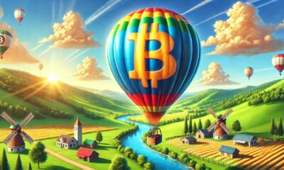 Dall·e 2024 12 31 11.08.47 A Realistic And Vibrant Depiction Of A Bitcoin Logo Prominently Displayed On A Large Hot Air Balloon Floating In A Sunny Sky. The Landscape Below Feat.webp.jpeg