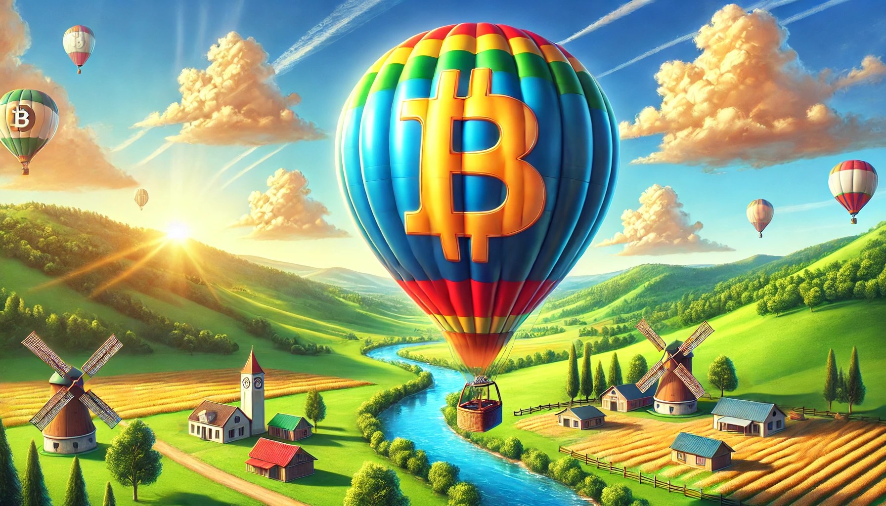 Dall·e 2024 12 31 11.08.47 A Realistic And Vibrant Depiction Of A Bitcoin Logo Prominently Displayed On A Large Hot Air Balloon Floating In A Sunny Sky. The Landscape Below Feat.webp.jpeg