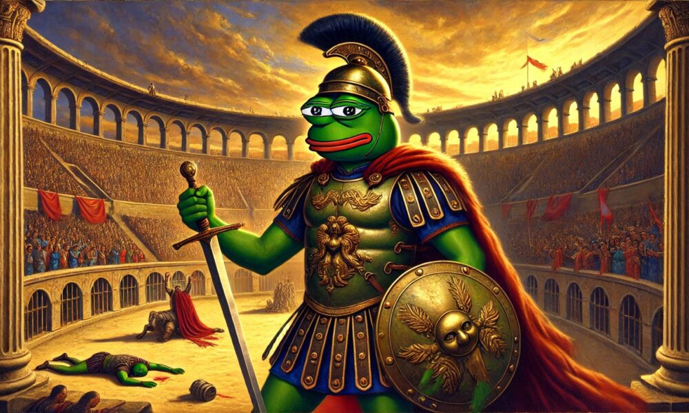 Dall·e 2025 01 01 12.31.12 A Realistic Style Painting Featuring Pepe The Frog As A Triumphant Gladiator In An Ancient Roman Colosseum. Pepe Is Wearing Detailed Gladiator Armor .webp.jpeg