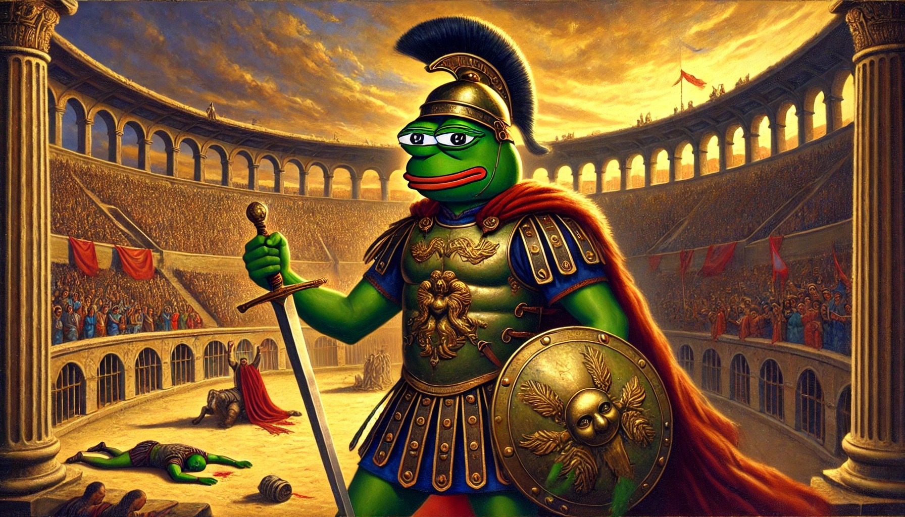 Dall·e 2025 01 01 12.31.12 A Realistic Style Painting Featuring Pepe The Frog As A Triumphant Gladiator In An Ancient Roman Colosseum. Pepe Is Wearing Detailed Gladiator Armor .webp.jpeg