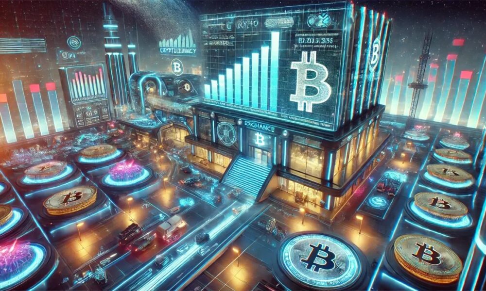 Dall·e 2025 01 02 18.34.59 A Futuristic Landscape Featuring A Cryptocurrency Exchange As The Central Focus. The Setting Includes A High Tech Building With Glowing Holographic Di E1735836835605.webp.jpeg