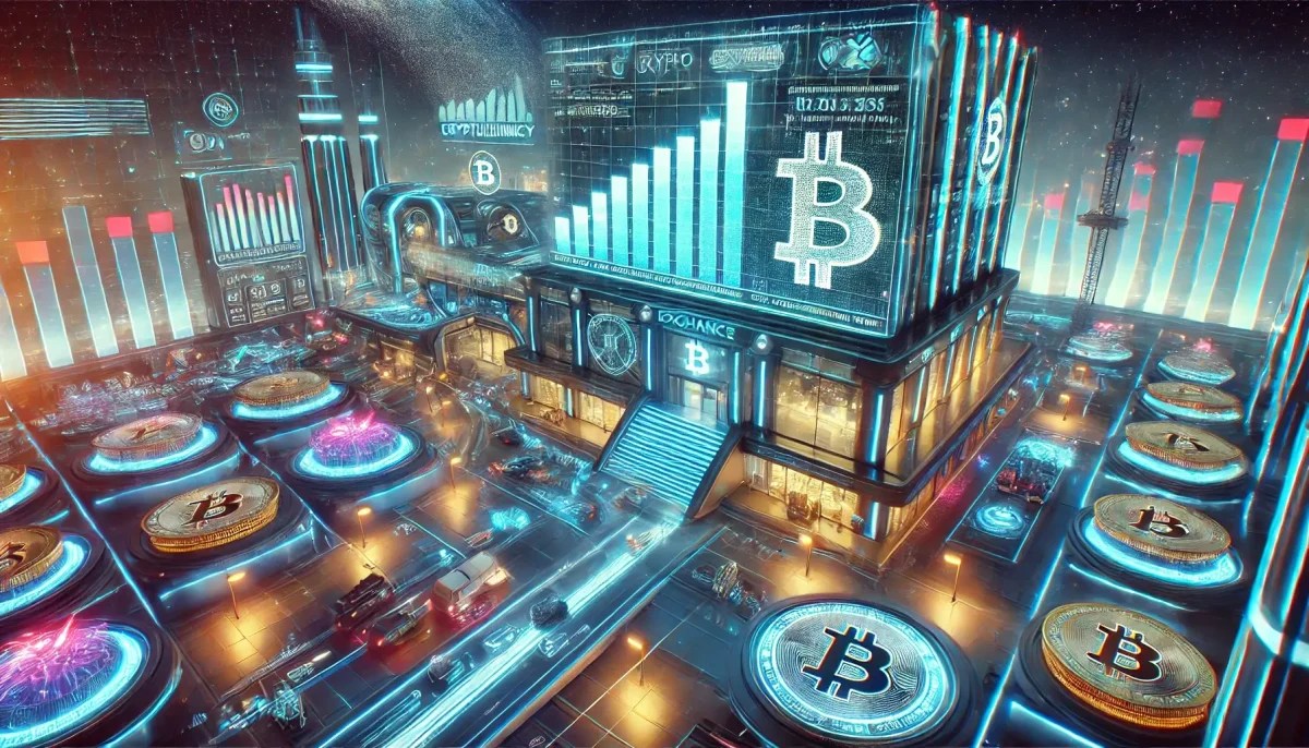 Dall·e 2025 01 02 18.34.59 A Futuristic Landscape Featuring A Cryptocurrency Exchange As The Central Focus. The Setting Includes A High Tech Building With Glowing Holographic Di E1735836835605.webp.jpeg