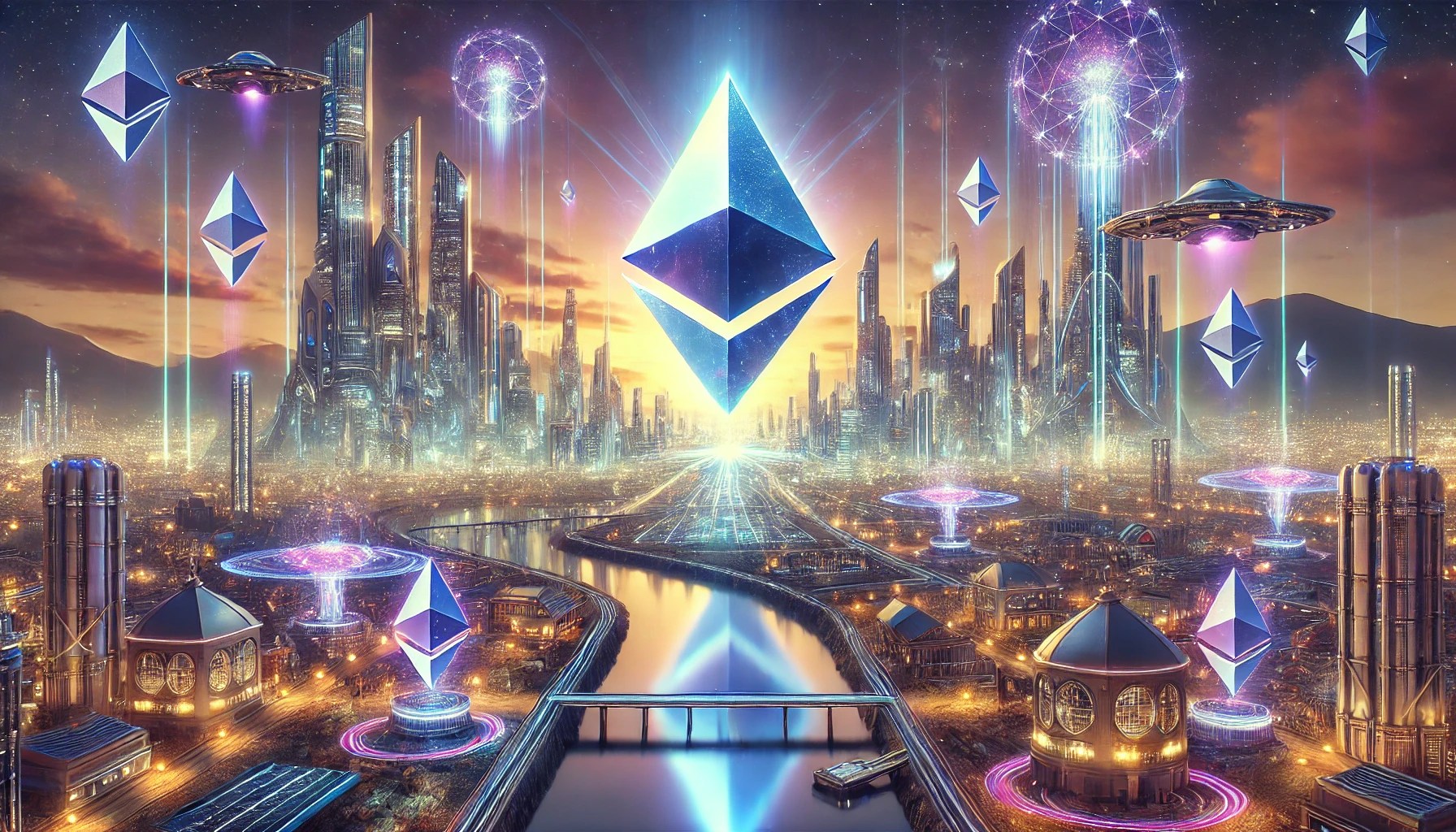 Dall·e 2025 01 03 12.56.27 A Breathtaking Futuristic Landscape Featuring Ethereum Showcasing A Vibrant Cityscape Illuminated By Glowing Lights. In The Foreground The Ethereum .webp.jpeg