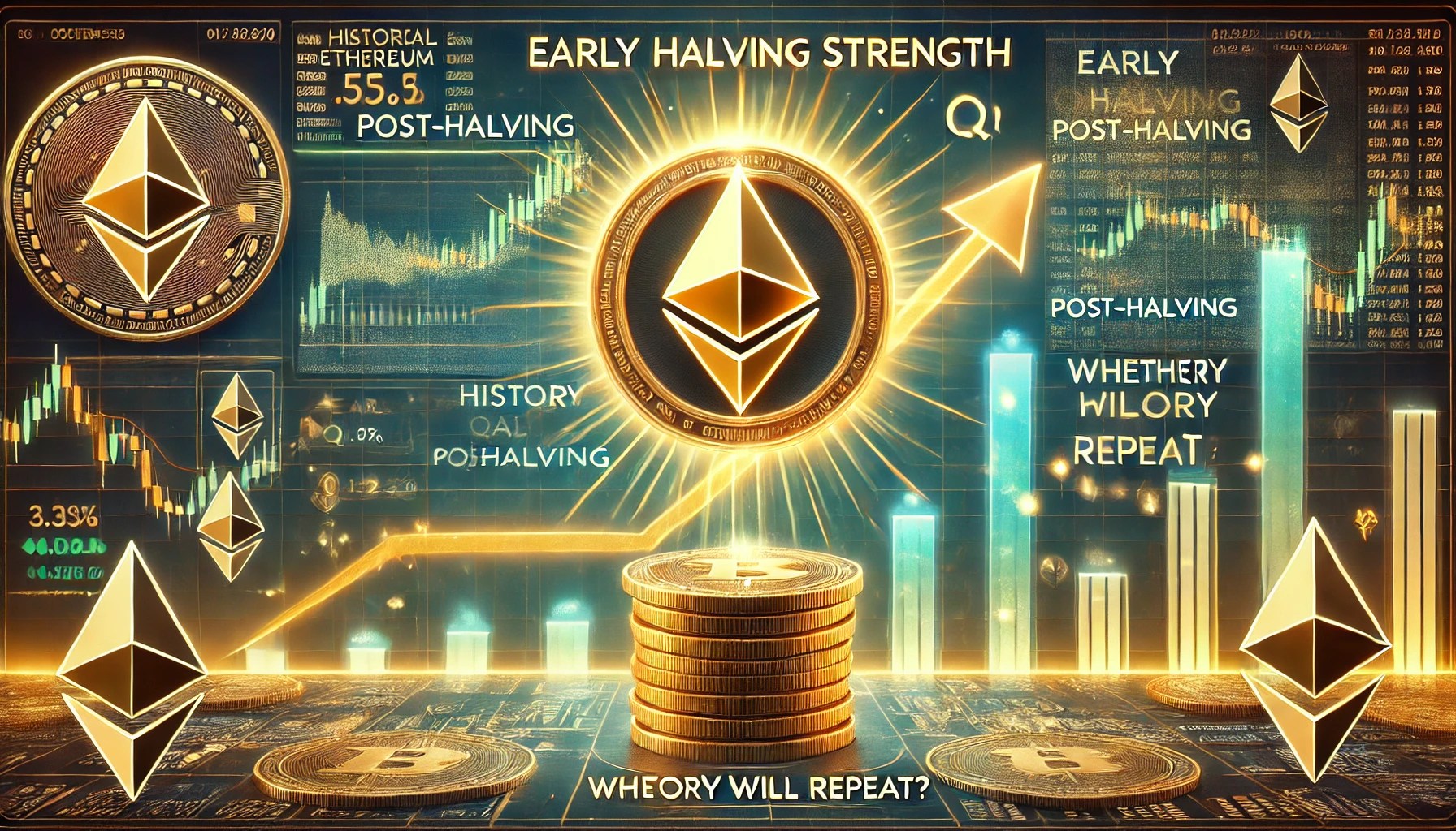 Dall·e 2025 01 07 06.05.54 A Financial Themed Image Showcasing Ethereums Early Q1 Strength Post Halving With A Focus On Whether History Will Repeat. The Central Focus Is A Glo.webp.jpeg