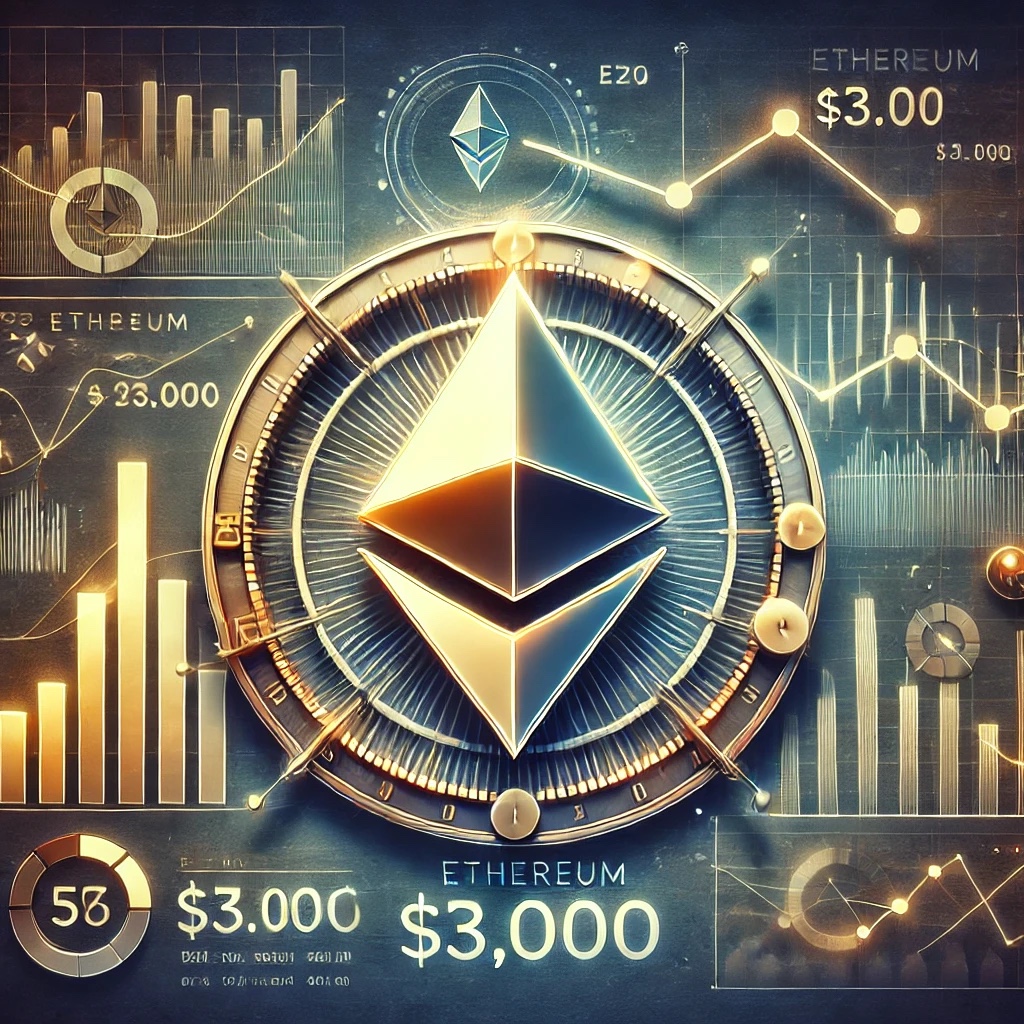 Dall·e 2025 01 10 14.51.38 A Digital Illustration Showcasing Ethereum Facing A Critical Test With Declining Funding Rates And A Looming 3000 Price Level. The Image Features Th.jpg