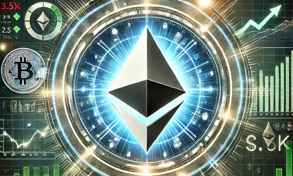 Dall·e 2025 01 20 15.46.32 A Visually Striking Financial Themed Image Centered Around The Ethereum Logo Symbolized By A Glowing Silver Diamond. Surrounding The Ethereum Symbol.jpg