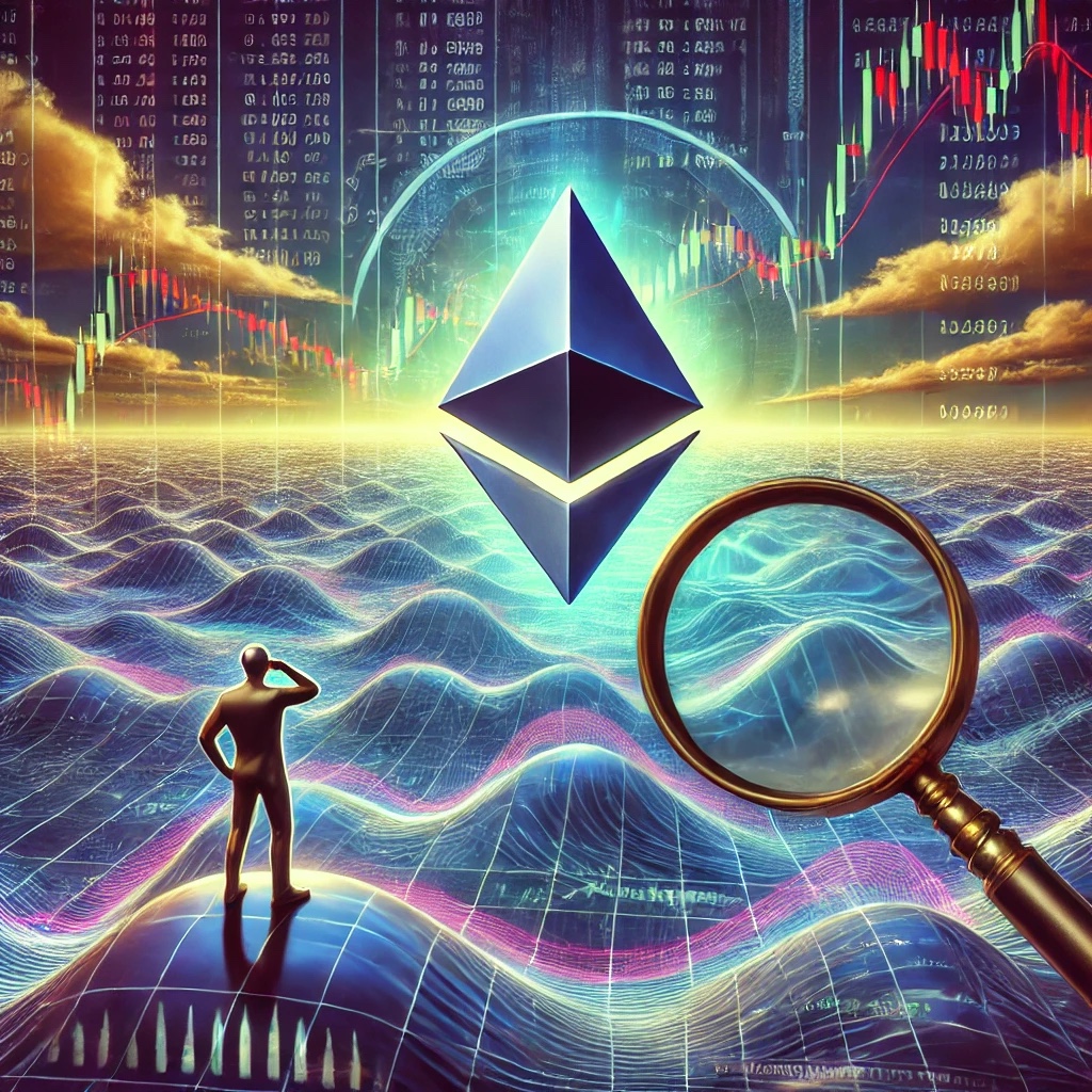 Dall·e 2025 01 29 17.02.28 A Surreal And Artistic Representation Of Ethereums Prolonged Consolidation Phase. Imagine Ethereums Silver Diamond Logo Floating On A Vast Futurist.jpg