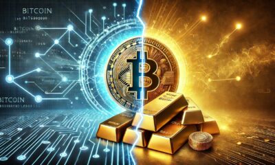 Dall·e 2025 02 13 08.40.02 A Dramatic Visual Representation Of Bitcoin Versus Gold. On One Side A Glowing Bitcoin Coin With A Futuristic Digital Aura Surrounded By Blockchain.webp.jpeg