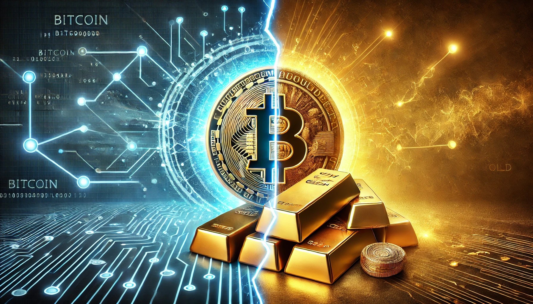 Dall·e 2025 02 13 08.40.02 A Dramatic Visual Representation Of Bitcoin Versus Gold. On One Side A Glowing Bitcoin Coin With A Futuristic Digital Aura Surrounded By Blockchain.webp.jpeg